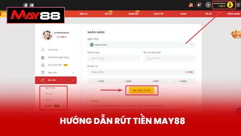 Hướng dẫn rút tiền May88